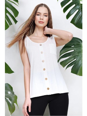 New Laviva Kadın Ekru Sıfır Kol Detaylı Regular Kesim Standart Boy Askılı Düğmeli Ince Örme Triko Bluz