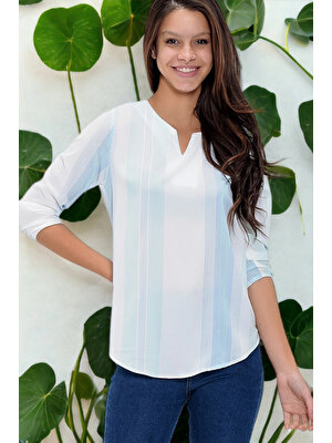 New Laviva Kadın Mavi Yakası Yırtmaçlı Krep Bluz Truvakar Kol Çizgili ve Giy Çık - Tesettüre Uygun