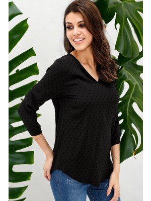 New Laviva Kadın Siyah Yakası Yırtmaçlı Ponponlu Krep Bluz Truvakar Kol Kaliteli Dokulu Kumaş Standart Boy