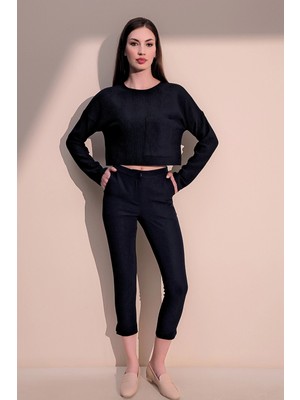 New Laviva Kadın Lacivert Beli Lastikli Şerit Detaylı Arka ve Yan Cepli Kalem Pantolon