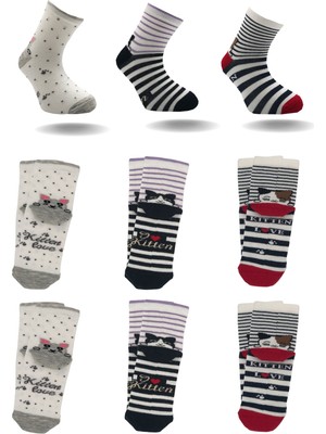 Belyy Socks 3 Lü Paket Kedi Desenler Sevimli Kız Çocuk Çorabı