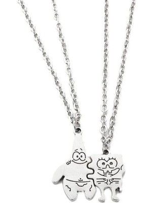 Herşey Nota Sünger Bob ve Patrick Çift Arkadaşlık Kolye Antik Gümüş Kaplama - 60 cm Düz Zincir