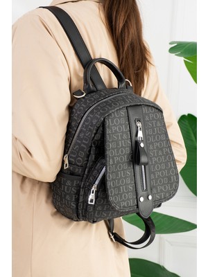 Just Polo Kadın Siyah Monogram Baskılı Ayarlanabilir Askılı Sırt ve Omuz Çantası -J2177