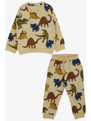 Breeze Erkek Bebek Eşofman Takımı Renkli Dinozor 9 Ay-3 Yaş, Krem