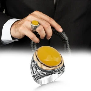 Argento Silver 925 Ayar Gümüş Erkek Yüzük Sarı Akik Taşlı