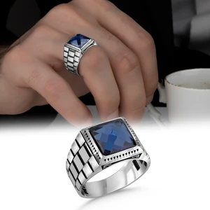 Argento Silver Mavi Zirkon Taşlı 925 Ayar Gümüş Erkek Yüzük
