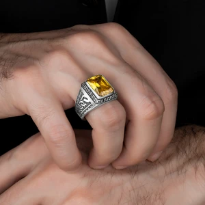 Argento Silver Oktegon Kesim Sarı Sitrin Taşlı 925 Ayar Gümüş Yüzük