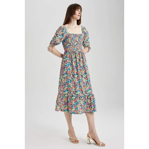 Kare Yaka Floral Midi Kısa Kollu Kısa Kollu Elbise Y7034AZ23HS