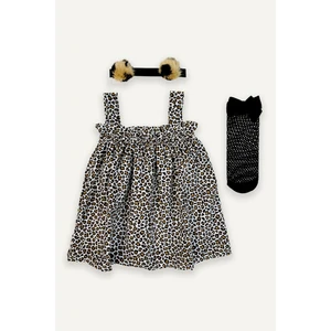 Ada Bebek Çocuk Kız Bebek Bandana Çorap Set Leopar Desenli Elbise