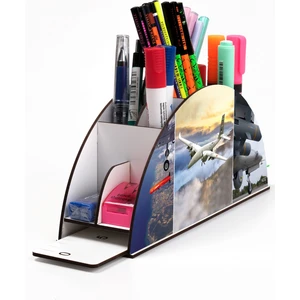 Ahşap Vip Uçak Serisi Gökkuşağı Cetvelli Masaüstü Kalemlik Organizer Montajlı Kutulu