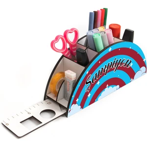 Ahşap Vip Spor Serisi Gökkuşağı Cetvelli Masaüstü Kalemlik Organizer Montajlı Kutulu