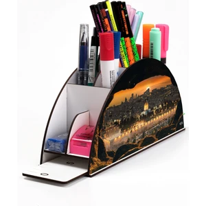 Ahşap Vip Islam Serisi Gökkuşağı Cetvelli Masaüstü Kalemlik Organizer Montajlı Kutulu