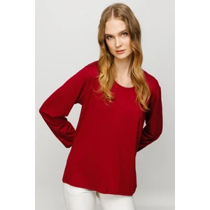 Desen Triko Kadın Sıfır Yaka Basic Penye Bluz Bordo