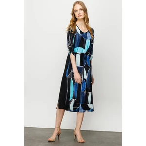 Desen Triko Kadın Sıfır Yaka Çizgili Renkli Desenli Penye Elbise Lacivert