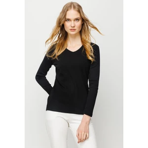 Desen Triko Kadın V Yaka Kaşkorse Pamuklu  Bluz Siyah