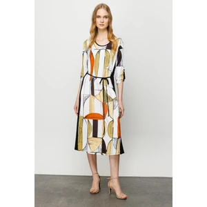 Desen Triko Kadın Sıfır Yaka Çizgili Renkli Desenli Penye Elbise Siyah