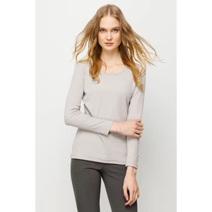 Desen Triko Kadın Sıfır Yaka Uzun Kol Basic Pamuklu Bluz Taş