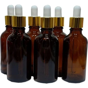 6 Adet 50 ml Damlalıklı Amber Cam Şişe Metal Altın Renk Yüzüklü
