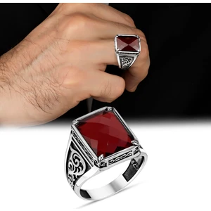Argento Silver Kırmızı Zirkon Taşlı Taşlı 925 Ayar Gümüş Erkek Yüzük