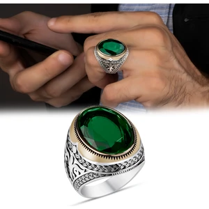 Argento Silver Yeşil Zirkon Taşlı 925 Ayar  Gümüş Erkek Yüzük