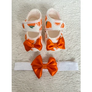 Masal Baby Kids Kız Bebek Meyve Desenli Bandanalı Beyaz Patik Ayakkabı / Yeni Doğan Bebek Saç Bantlı Ayakkabı