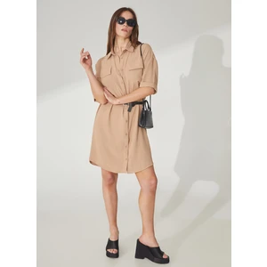 People By Fabrika Gömlek Yaka Düz Bej Mini Kadın Elbise Helka