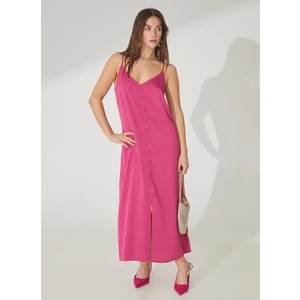 People By Fabrika V Yaka Düz Fuşya Maksi Kadın Elbise Apel