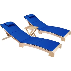 Ahşap Katlanabilir Yatar Şezlong Plaj Yatağı Minder Dahil 3 Lü Set (Naturel - Mavi)