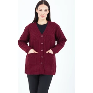 Elçelya Moda Kadın V Yaka  Bordo Düğmeli Cepli Örgü Yün Anne Triko Kısa Hırka