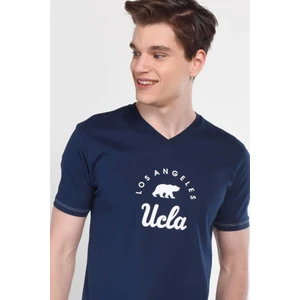 Moonave Lacivert V  Yaka Baskılı Erkek Tshirt