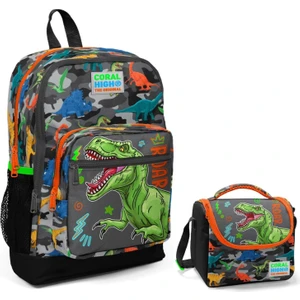 Coral High Gri Yeşil Dinazor Okul Sırt ve Beslenme Çantası Seti