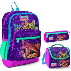 Coral High Mor Kedi Üçlü Ilkokul Okul Çanta Seti