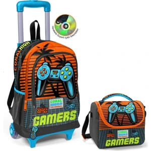 Coral High Turuncu Gamers Çekçek Okul Çantası ve Beslenme Seti - Işıklı Tekerlekler - Erkek Çocuk