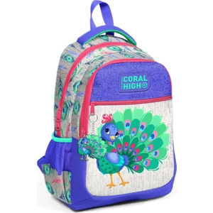 Coral High Gümüş Lavanta Tavus Kuşu Desenli Üç Bölmeli Okul Sırt Çantası 23488