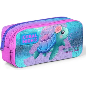 Coral High Iki Bölmeli Kız Çocuk Pembe Yeşil Kaplumbağa Kalem Çantası Kalemlik