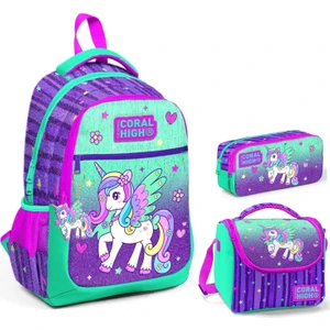 Coral High Kız Çocuk Yeşil Mor Pegasus Üçlü Ilkokul Okul Çanta Seti