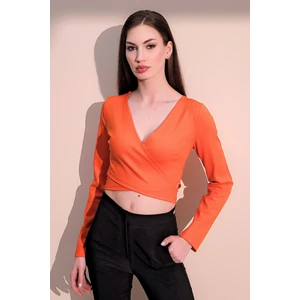 New Laviva Kadın Oranj Uzun Kol Yeni Tarz Kruvaze, Kaşkorse, Likralı Crop Bluz