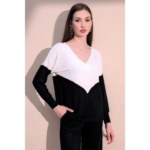 New Laviva Kadın Beyaz V Yaka Color Block Basic Salaş - Rahat Penye Bluz