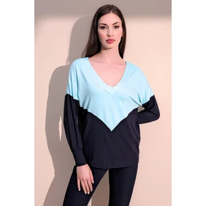 New Laviva Kadın Mint V Yaka Color Block Basic Salaş - Rahat Penye Bluz