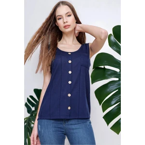 New Laviva Kadın Lacivert Sıfır Kol Detaylı Regular Kesim Standart Boy Askılı Düğmeli Ince Örme Triko Bluz