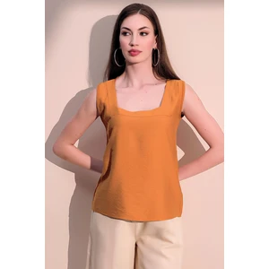 New Laviva Kadın Kiremit Kısa Kollu Kare Yaka Kalın Askılı Keten Bluz