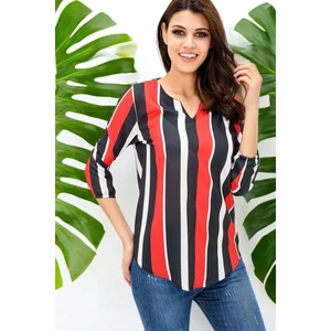 New Laviva Kadın Lacivert & Kırmızı Yakası Yırtmaçlı Çizgili Krep Bluz Truvakar Kol Kaliteli Dokulu Kumaş