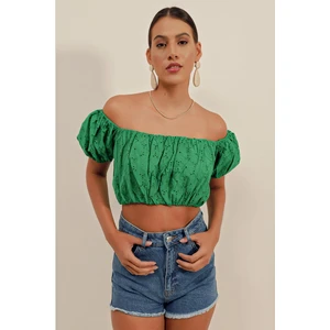 0481 Fistolu Straplez Bluz - Yeşil