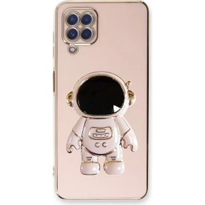 Samsung Galaxy M12 Kılıf Kamera Korumalı Astronot Desenli Standlı Silikon Pembe