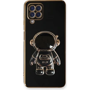 Samsung Galaxy M12 Kılıf Kamera Korumalı Astronot Desenli Standlı Silikon Siyah