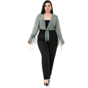 Büyük Beden Kol Detaylı Önü Bağlamalı Şifon Su Yeşili Bolero