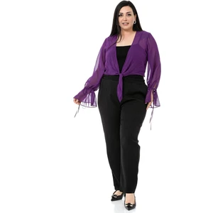 Büyük Beden Kol Detaylı Önü Bağlamalı Şifon Mor Bolero