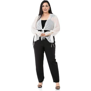 Büyük Beden Kol Detaylı Önü Bağlamalı Şifon Beyaz Bolero