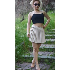 Yagmur Beren Yüksek Bel Pileli Deri Şort Etek Quzu