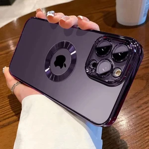 iPhone 14 Pro Max Kılıf 5d Kamera Lens Korumalı Logo Gösteren Kenarları Renkli Arkası Şeffaf Silikon